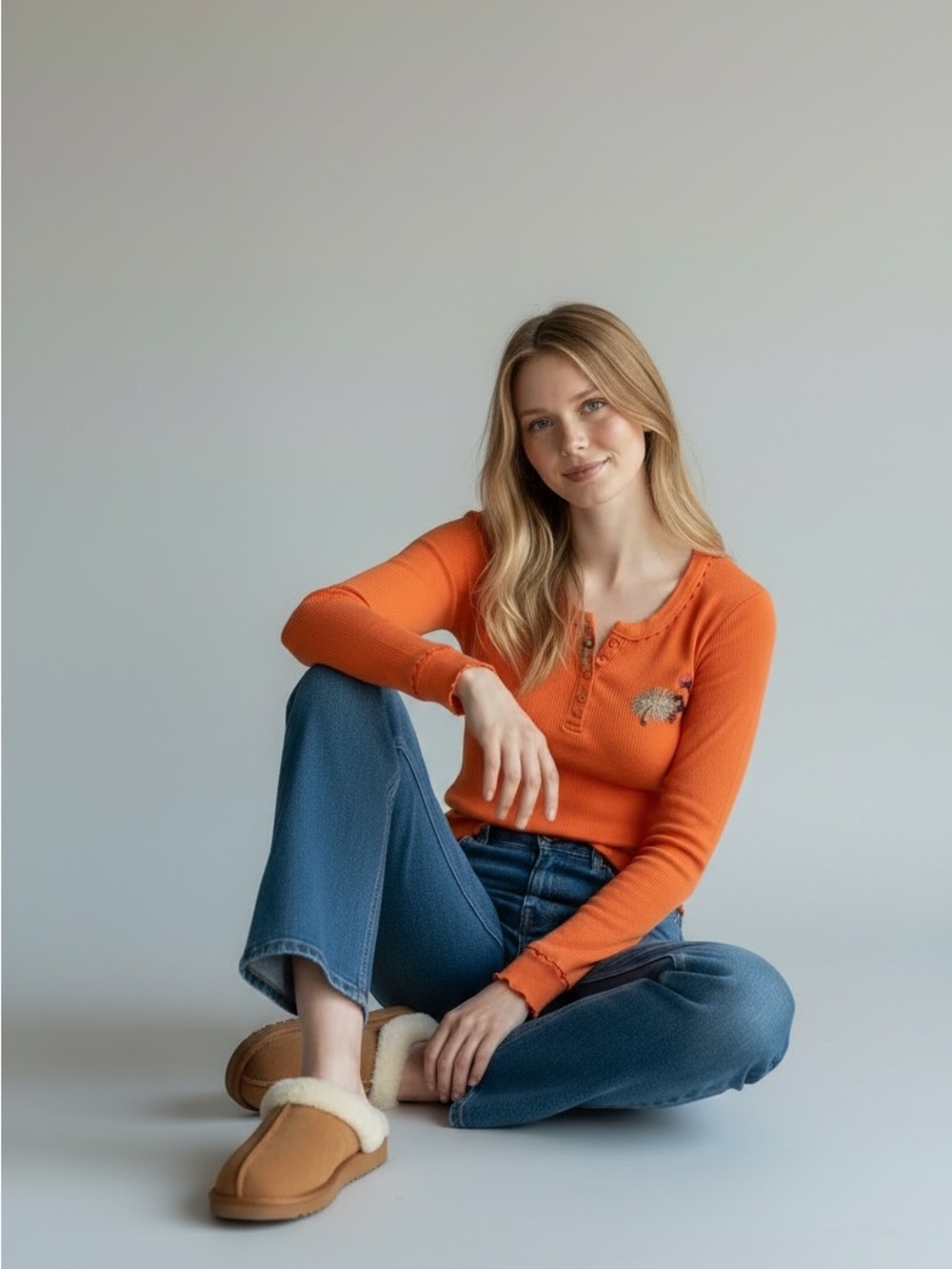Free People Ribbed Henley Long Sleeve Top - Orange Lettuce-Edge Graphic Tee